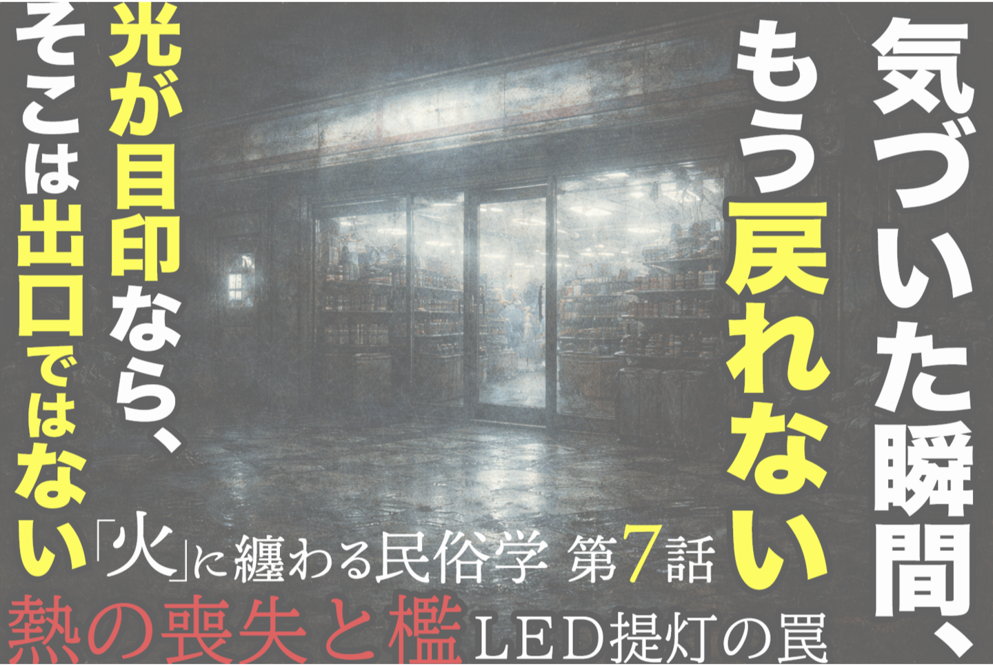 A small fire burning on the ground in front of an abandoned Japanese wooden house at night, with lanterns casting dim light, scattered straw, a single sandal, and deep shadows around open sliding doors.