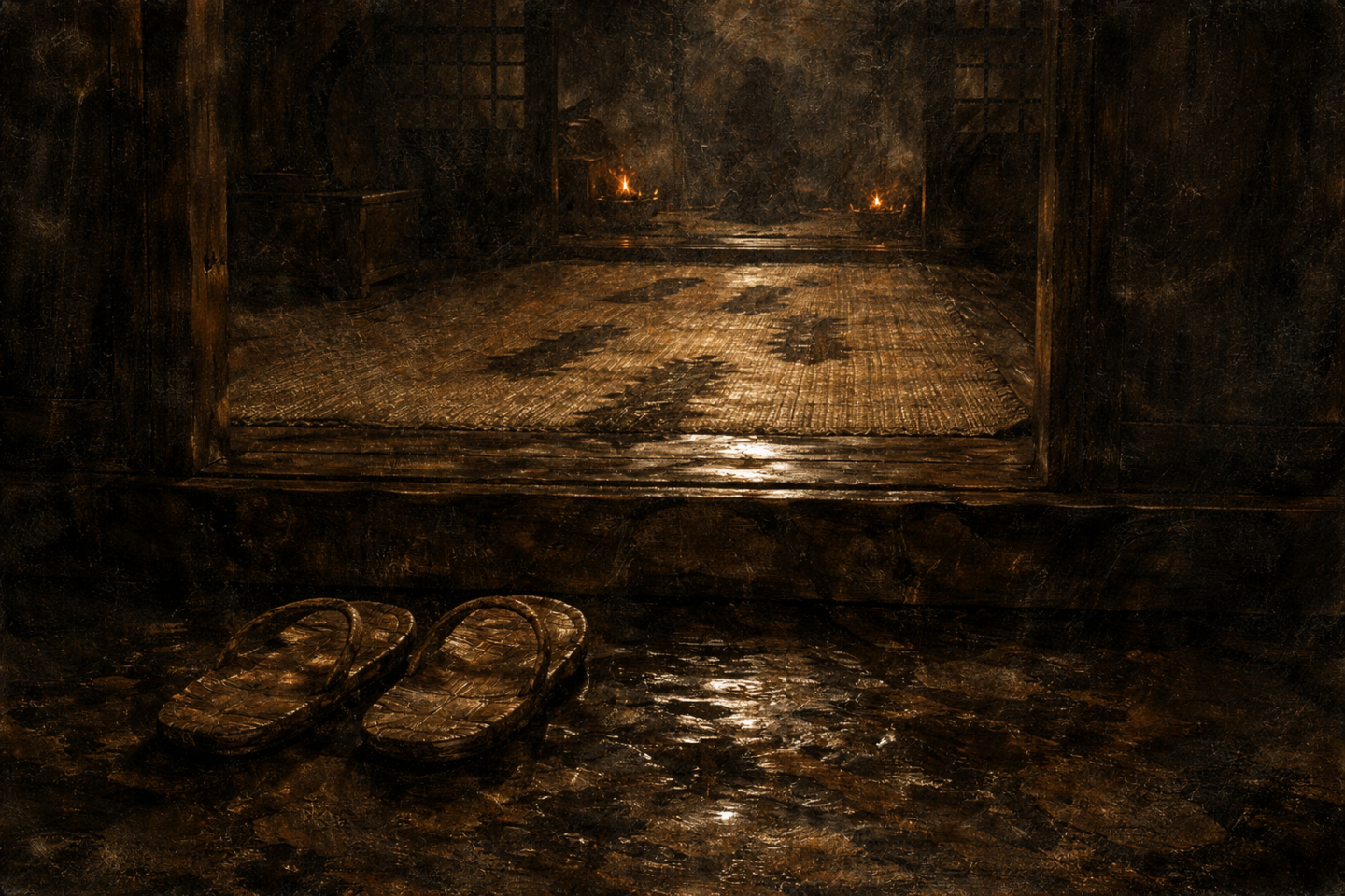 Dark oil painting of a traditional Japanese house entrance at night, showing wet wooden steps, a pair of straw sandals placed outside, and faint damp footprints leading onto the tatami floor, lit by low firelight from inside the house.
