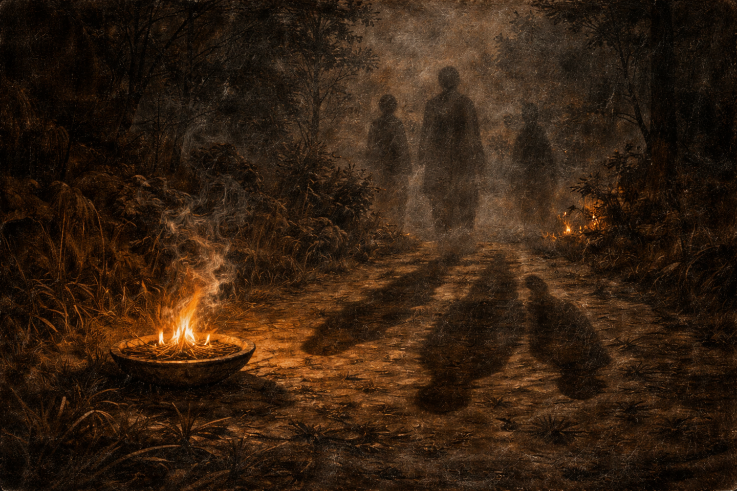 Dark oil painting of a nighttime mountain path in Japan with a small welcoming fire burning in a shallow clay dish, tall grass around it, and multiple long human-like shadows cast on the ground by the firelight, with mist and trees fading into the background.