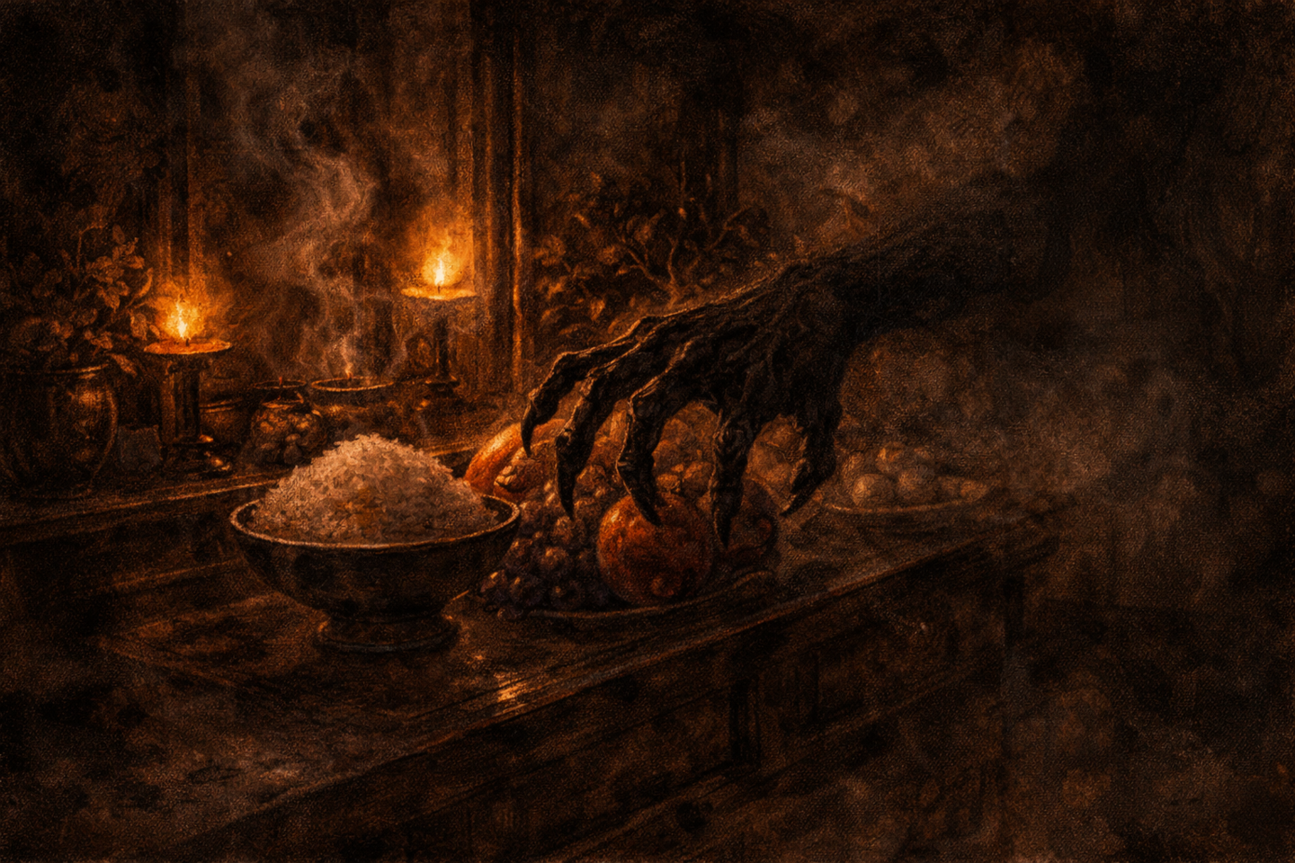 Dark oil painting of a traditional Japanese altar during Obon, showing candles, incense smoke, and offerings such as rice and fruit that appear shriveled and darkened, arranged on a wooden surface in low firelight, with no people visible.