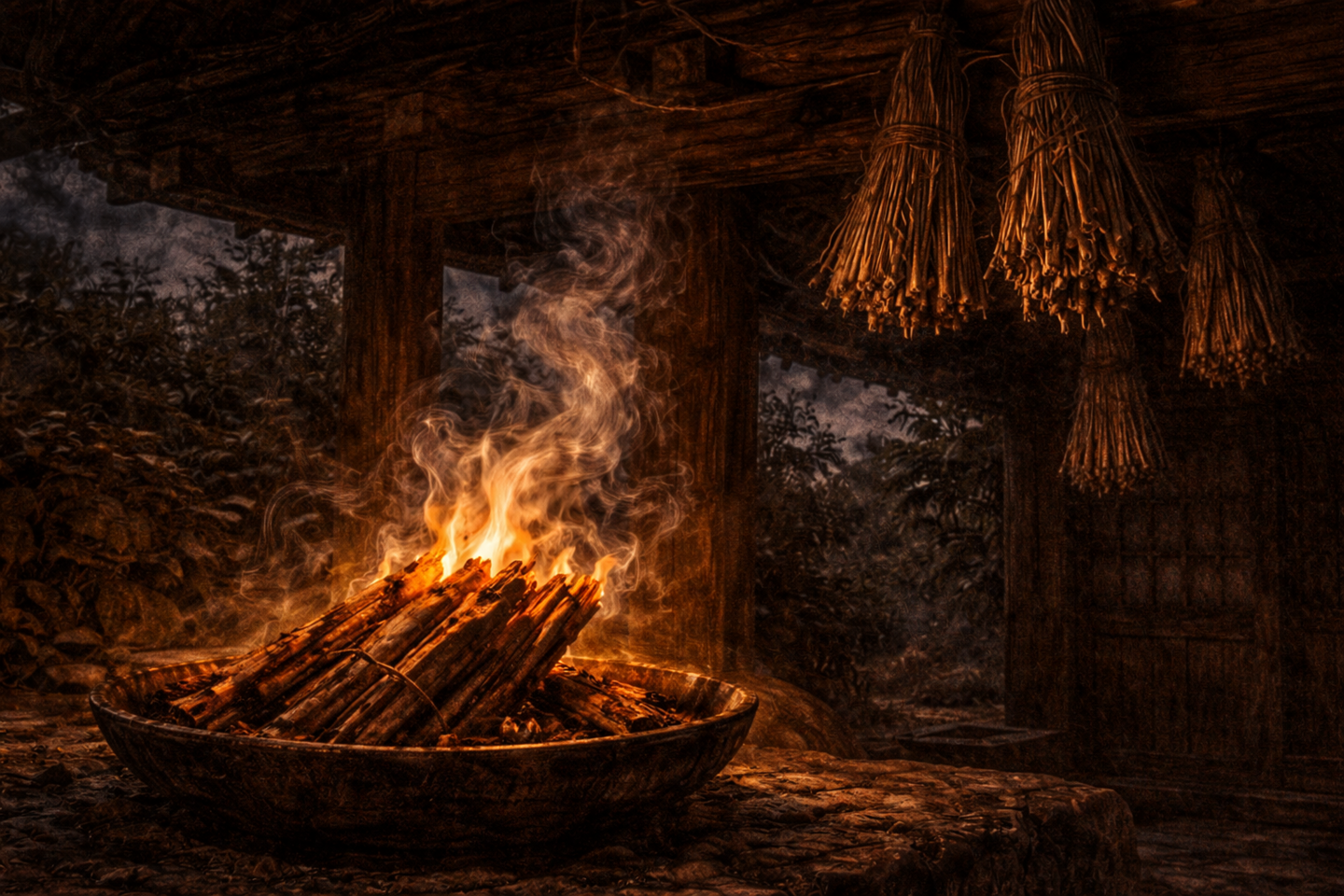 Dark oil painting of a traditional Japanese wooden structure at dusk, showing bundles of dried hemp stems hanging from a beam, a shallow bowl below with hemp stalks burning, pale smoke rising, and surrounding shadows of stone and foliage, with no people visible.