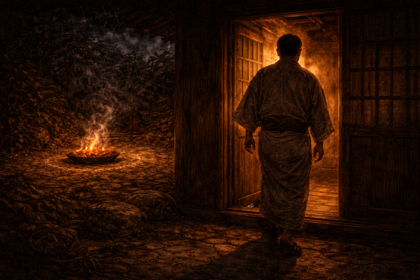 Dark oil painting of a traditional Japanese house entrance at night, showing the fading smoke of a welcoming fire outside the doorway, a wooden threshold and closed sliding door ahead, and an empty space behind the fire, with shadows stretching across the ground and no people visible.
