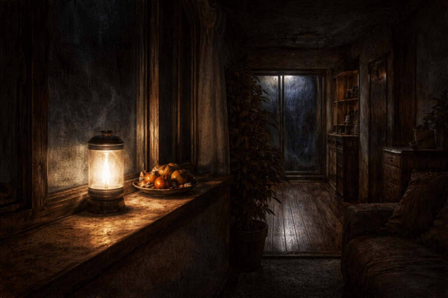 A dimly lit Japanese room at night with a cold LED lantern placed on a wooden windowsill, next to a small plate of fruit offerings. The lantern casts artificial light onto aged wooden walls and floor, with no visible flames, smoke, or people present.