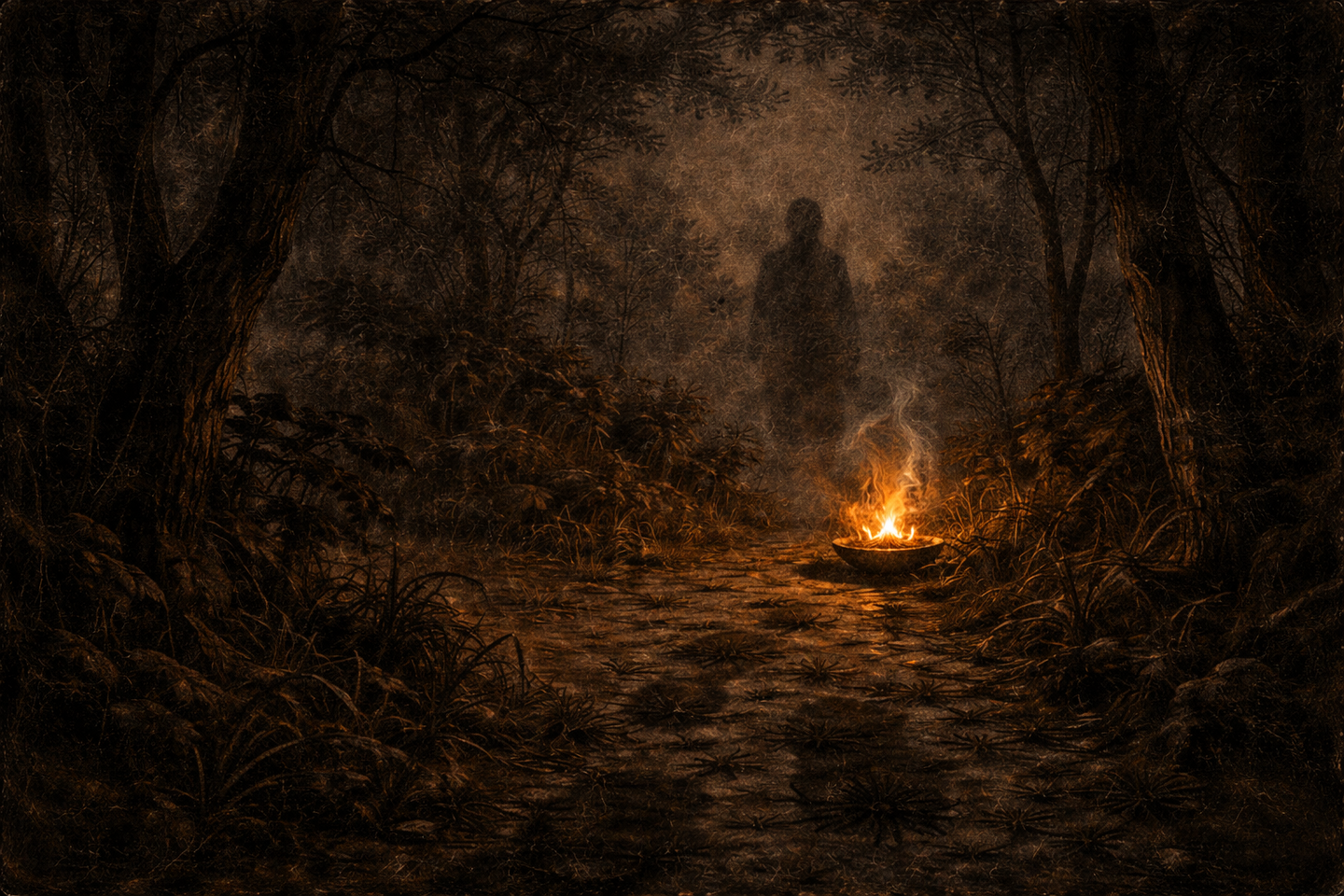 Dark oil painting of a forest mountain path at night in Japan, showing a small fire burning in a shallow dish on the ground, surrounded by dense trees, tall grass, and mist, with the path fading into darkness beyond the firelight.
