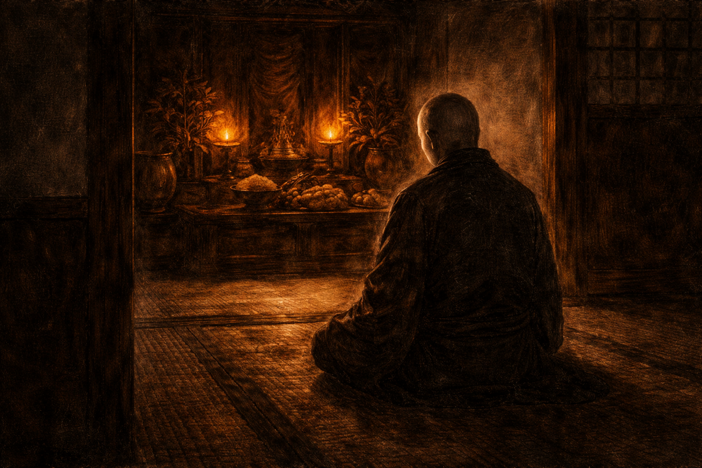 Dark oil painting of a traditional Japanese tatami room at night, showing a human-like figure sitting with its back to the viewer in front of a softly lit household Buddhist altar, with candles, offerings, and surrounding shadows, and no visible facial features.