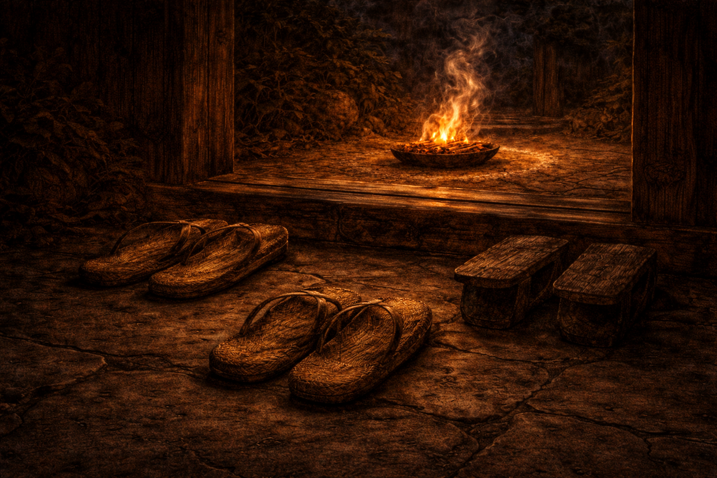 Dark oil painting of a traditional Japanese house entrance at twilight, showing pairs of straw sandals and wooden clogs placed upside down on the stone floor, with a small ritual fire burning beyond the threshold, wooden pillars and foliage surrounding the entrance, and no people present.