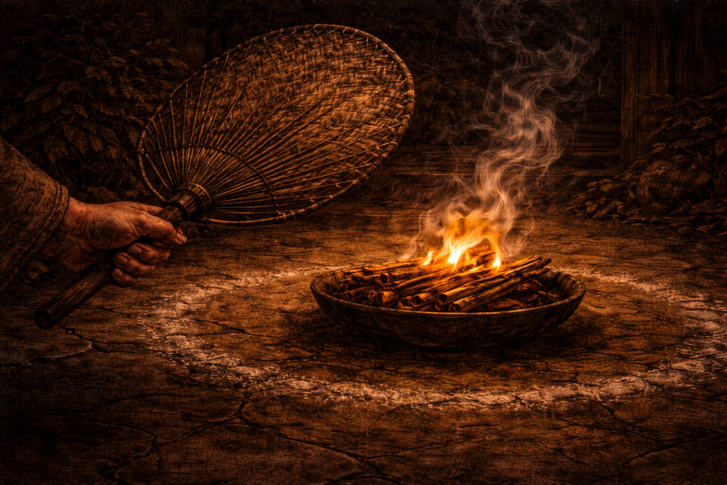 Dark oil painting of a traditional Japanese welcoming fire at night, showing a hand holding a bamboo fan near a shallow metal bowl where hemp stalks burn softly, with smoke rising and the ground illuminated by warm firelight, and no faces or text visible.