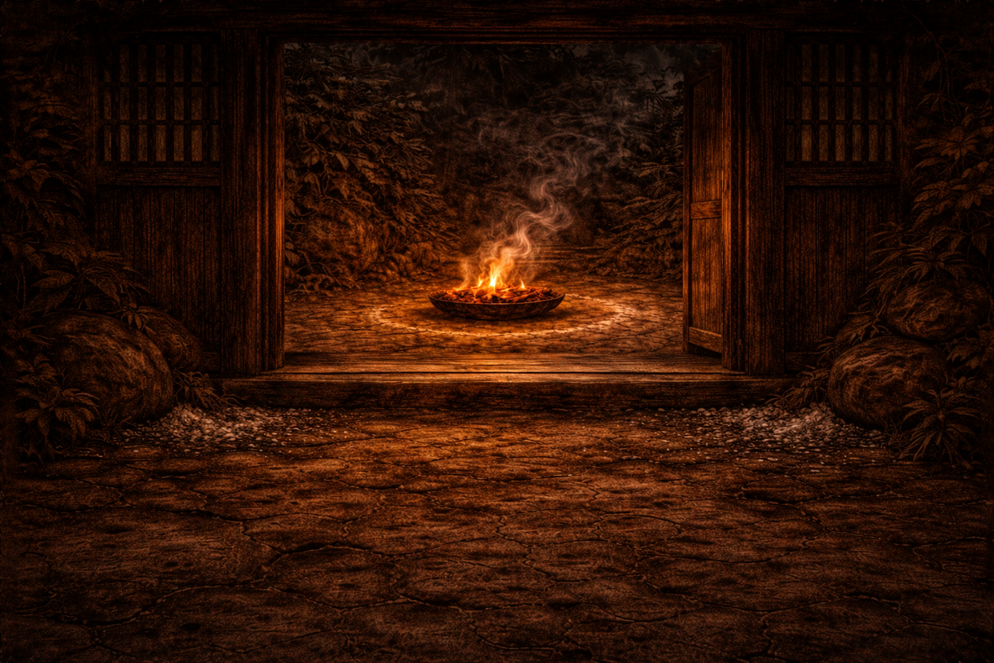 夜の日本家屋の門前に置かれた小さな火鉢で火が燃え、細い煙が立ち上っている。開いた木製の門と石敷きの地面が暗闇の中に見え、周囲には人の姿はない。