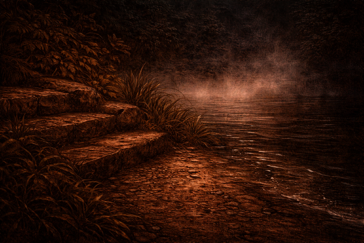 薄暗い夕暮れの川辺に、苔むした石段が水面へと続いている。周囲には草木が生い茂り、川面には淡い靄が立ち込めている。