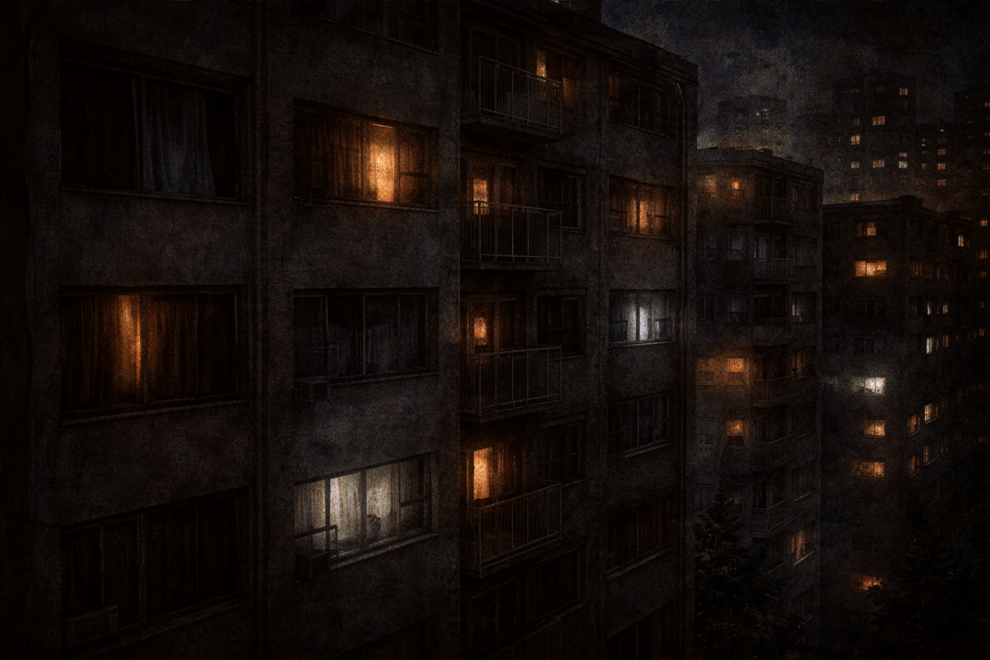 夜の都市に建つ集合住宅の外観で、いくつかの窓は暗く、いくつかは弱い人工光が灯っている。人影は見えず、建物の壁や窓枠が静かな闇の中に浮かび上がっている。