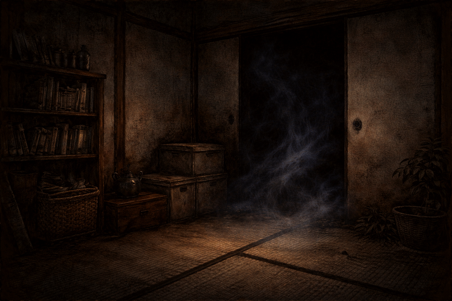 薄暗い和室の内部で、畳の床と古い木製家具が見え、少し開いた押入れの奥から淡い靄のようなものが漂っている。室内に火や照明はなく、人の姿もない。