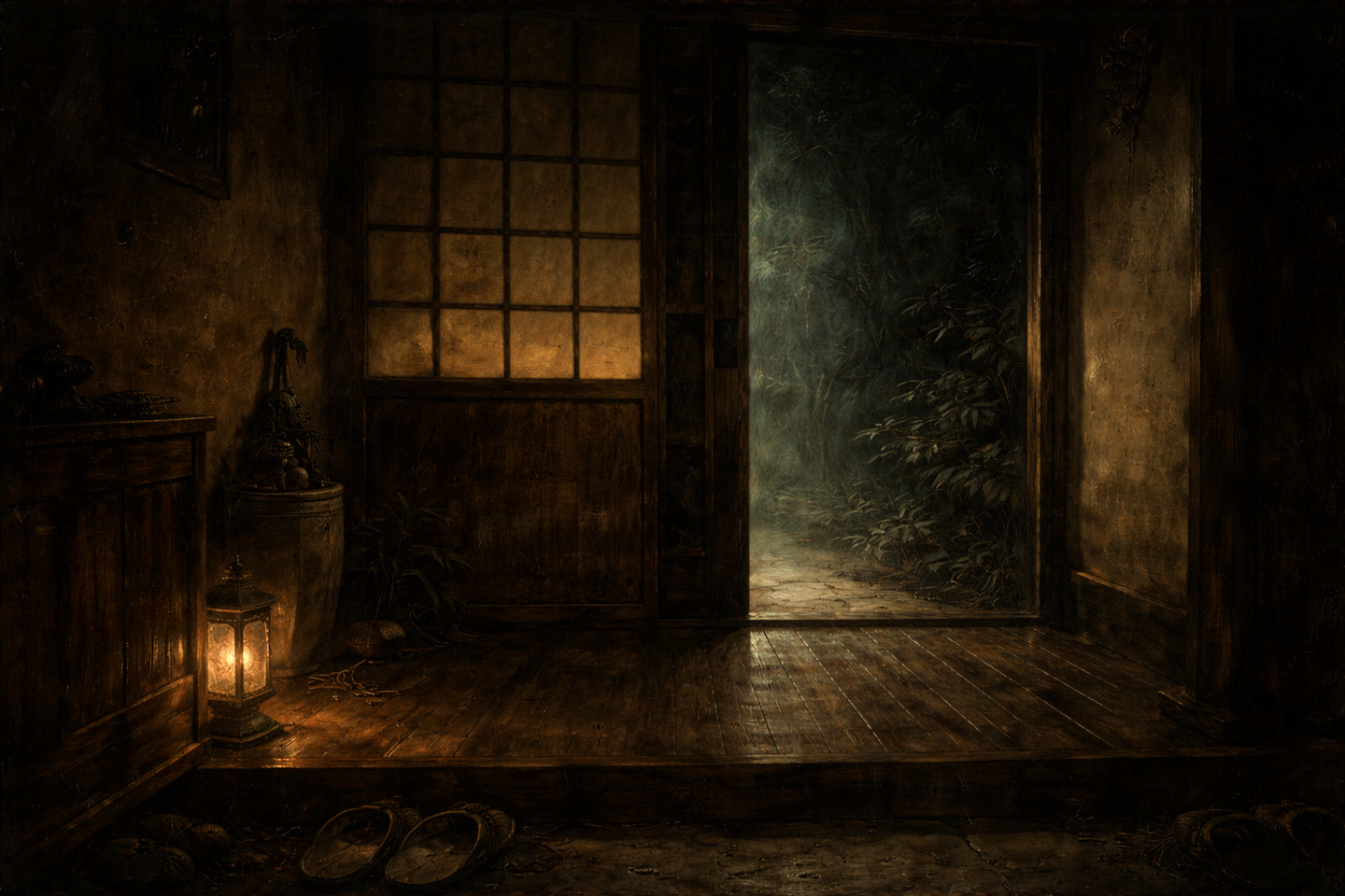 夜の日本家屋の室内。木の床と行灯の灯りがあり、障子戸がわずかに開いて外の庭が見えている。人の姿はなく、室内には履物と静かな空間が広がっている。