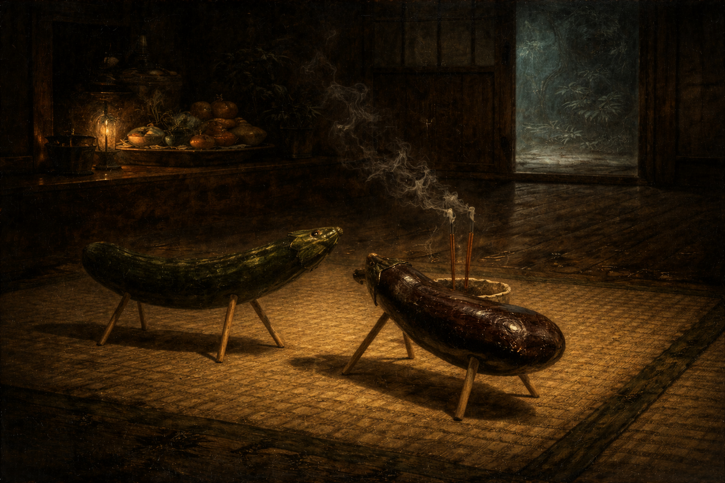 畳敷きの和室に置かれた胡瓜と茄子で作られた精霊馬。近くには香炉と立ちのぼる香の煙があり、奥には供物を載せた台と薄暗い室内の様子が見える。