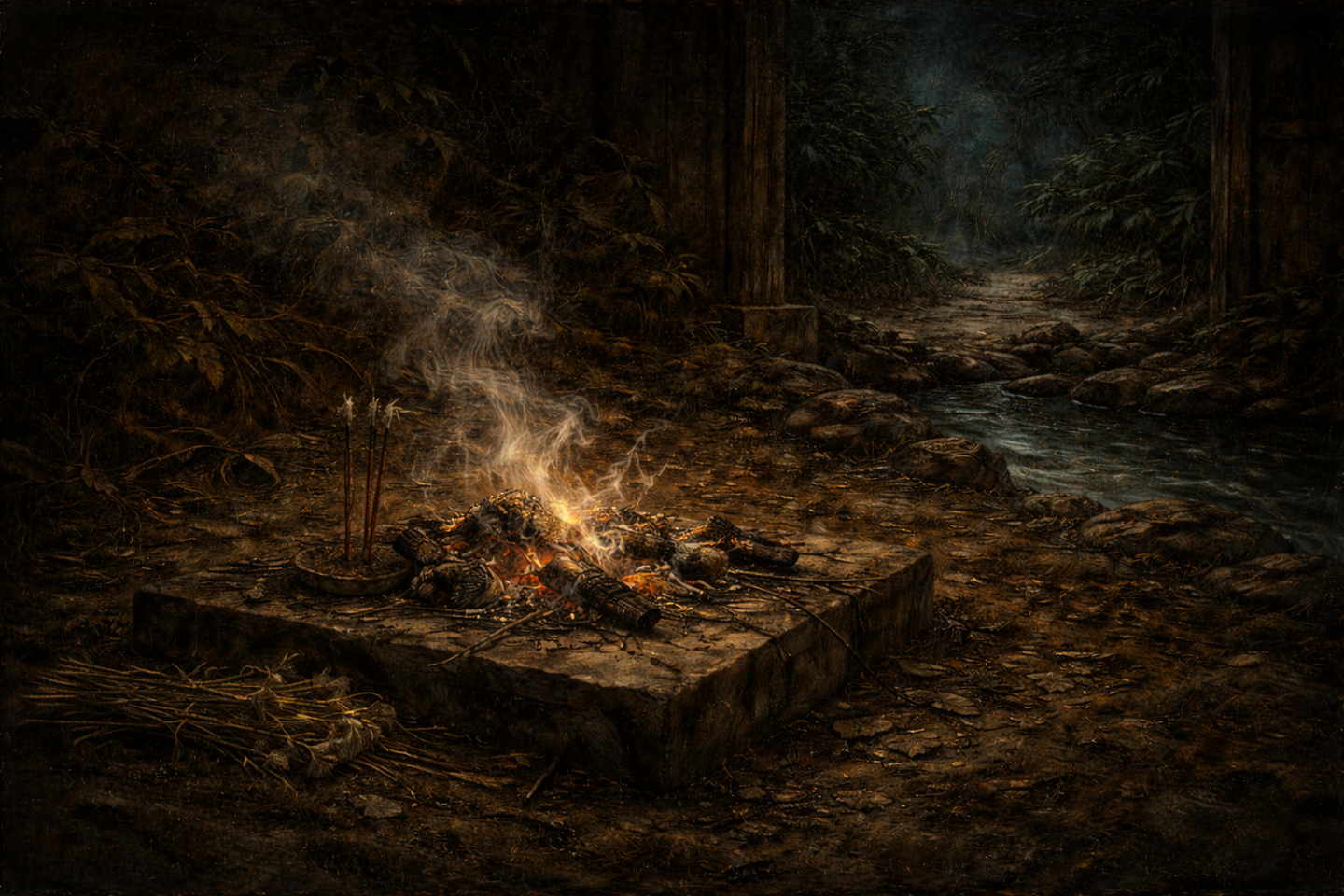 夜の川辺に設けられた送り火の跡。燃え残った炭と灰の上に弱い火が残り、線香の煙が立ちのぼっている。周囲には草木と水辺が見える。