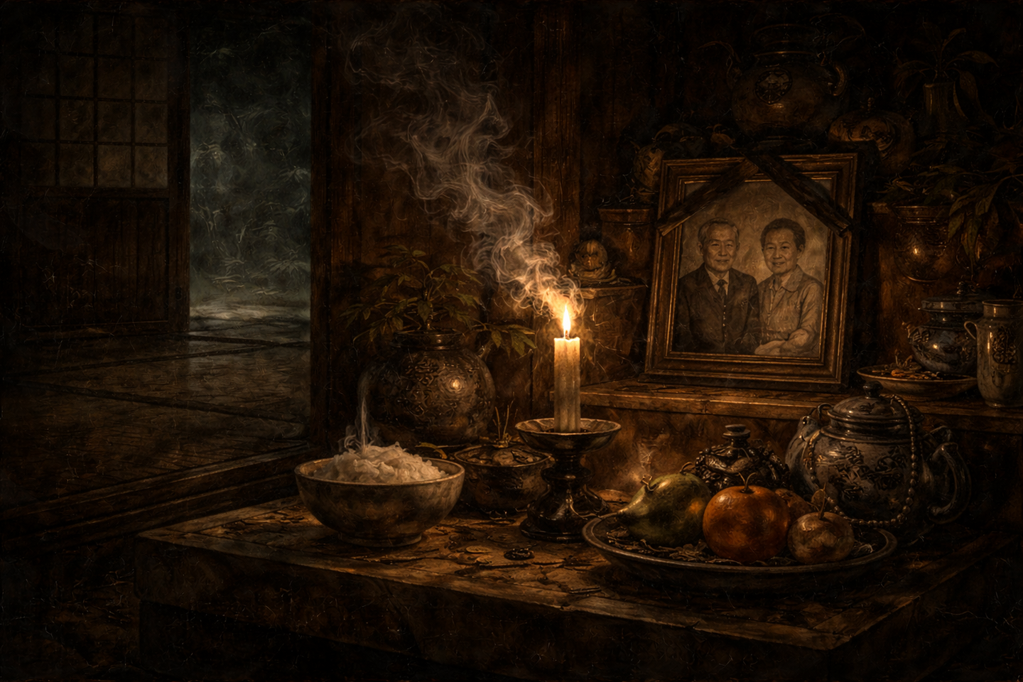 薄暗い和室の仏壇。果物や茶器などの供物が並び、ろうそくの火と香の煙が立ちのぼっている。仏壇の奥には額縁に入った遺影が置かれている。