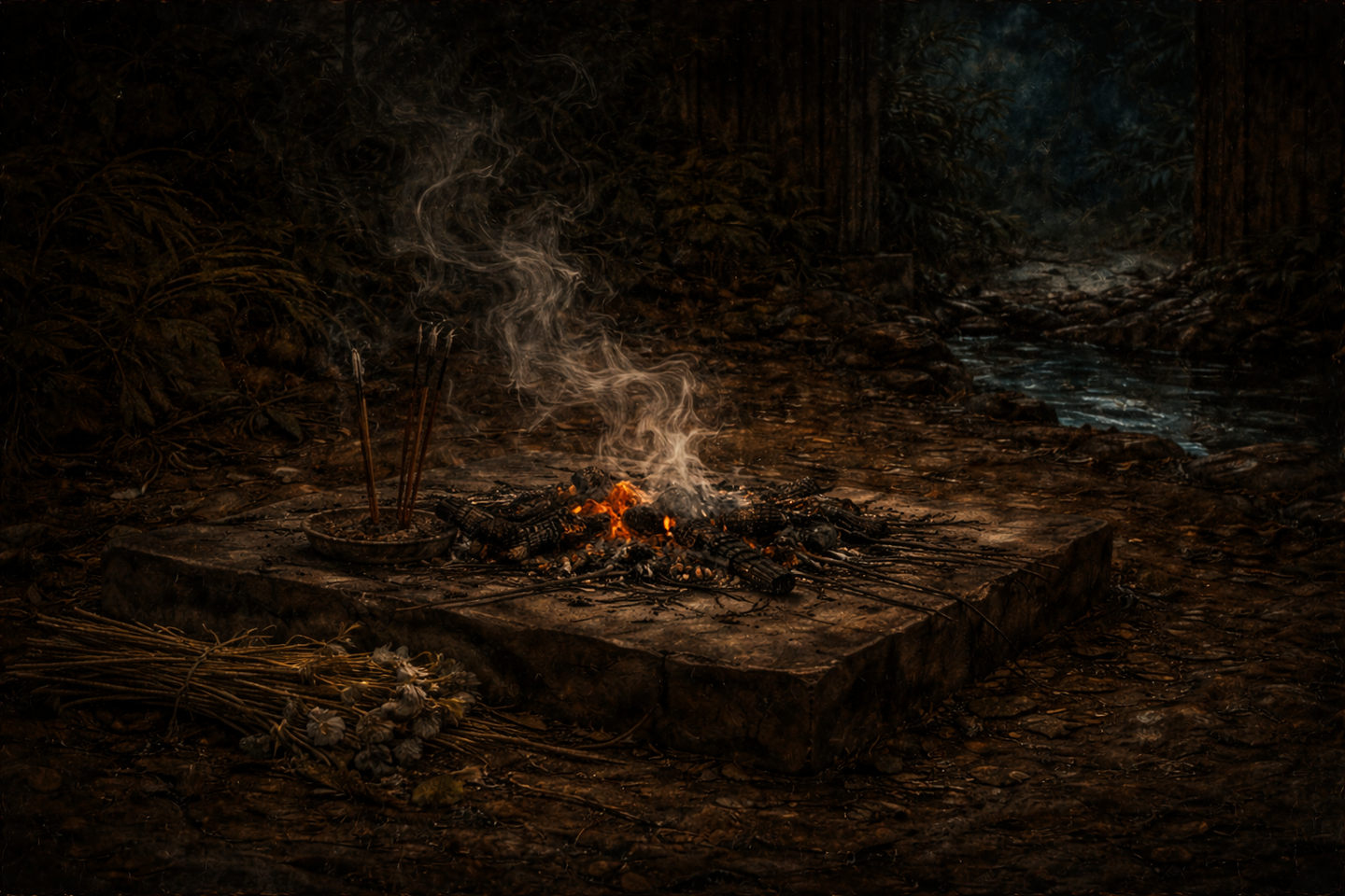 夜の屋外に設けられた送り火の跡。十分に燃え切らなかった炭と灰が残り、かすかな煙が立ちのぼっている。周囲には暗い地面と夜の空気が広がっている。