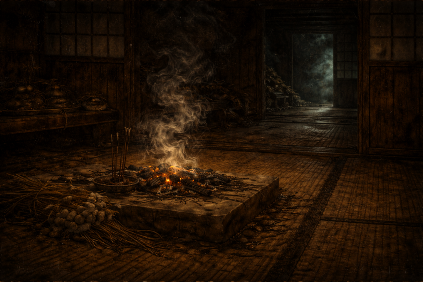 夜の日本家屋の室内に残る送り火の跡。石の台の上で炭と藁がくすぶり、煙が立ちのぼっている。周囲には暗い床と和室の空間が広がっている。