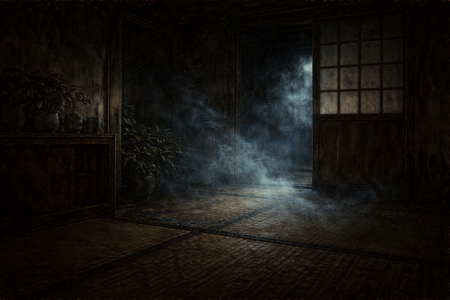 夜の日本家屋の和室。畳の床と半開きの障子があり、部屋の一角に白い靄のような空気が漂っている。室内には家具や植木鉢が見える。