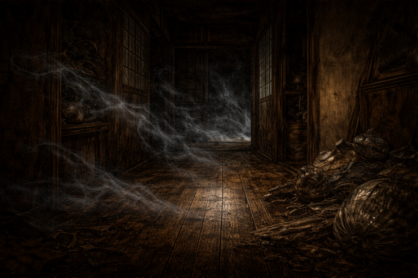 夜の日本家屋の木造廊下。古い床板が続き、両脇に障子や収納が並んでいる。室内には人の姿はなく、薄い靄のようなものが漂っている。