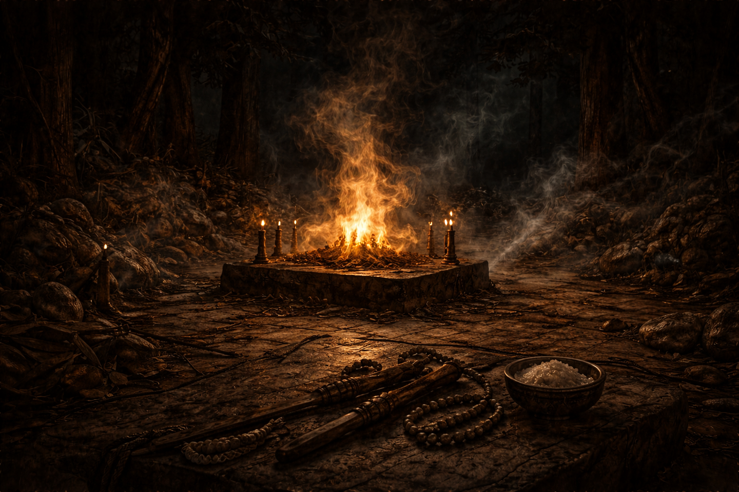 夜の森の中に設けられた石の台座の上で燃える大きな火。周囲にはろうそく、数珠、器などの道具が置かれ、煙が暗い木立の中へ立ちのぼっている。