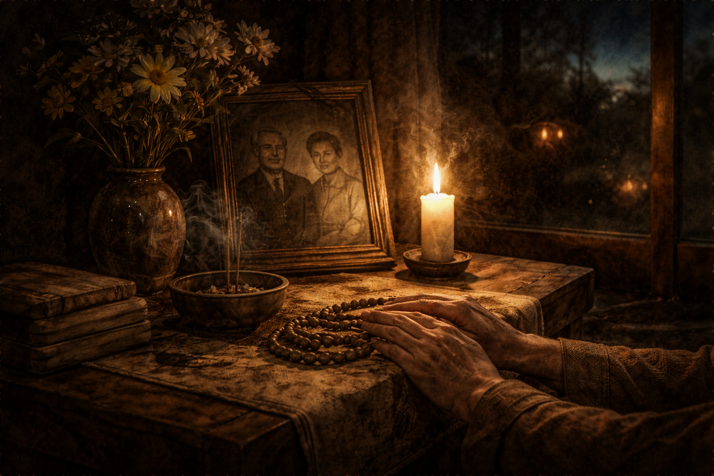 木の卓上に置かれたろうそくの灯りと、額縁に入った高齢の夫婦の写真。数珠に触れる手が写り、香の煙と花が静かな室内に広がっている。