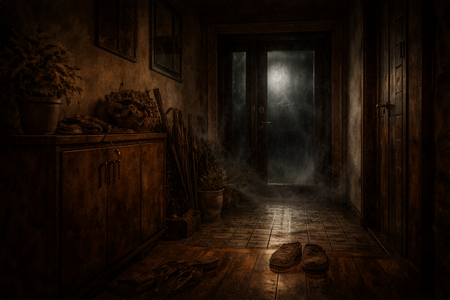 夜の日本家屋の玄関。正面に曇りガラスの入った玄関扉が閉じられ、床には履物が揃えられている。傘立てや下駄箱、観葉植物が置かれ、室内には薄暗い空気が漂っている。