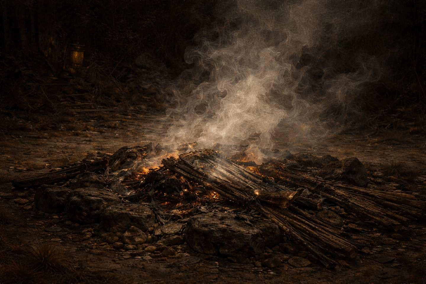 夜の屋外に設けられた焼き場跡。地面に組まれた薪と石の周囲で弱い残り火がくすぶり、白い煙が静かに立ち上っている。