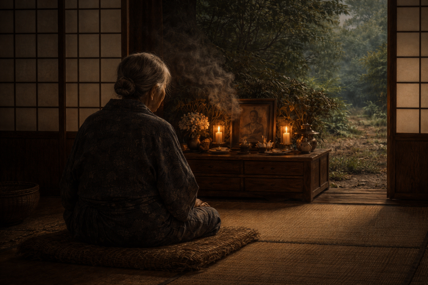 畳の部屋に座る高齢の女性の後ろ姿。室内には仏壇が置かれ、蝋燭の灯と供え物が並んでいる。障子の向こうには庭の木々が見える。