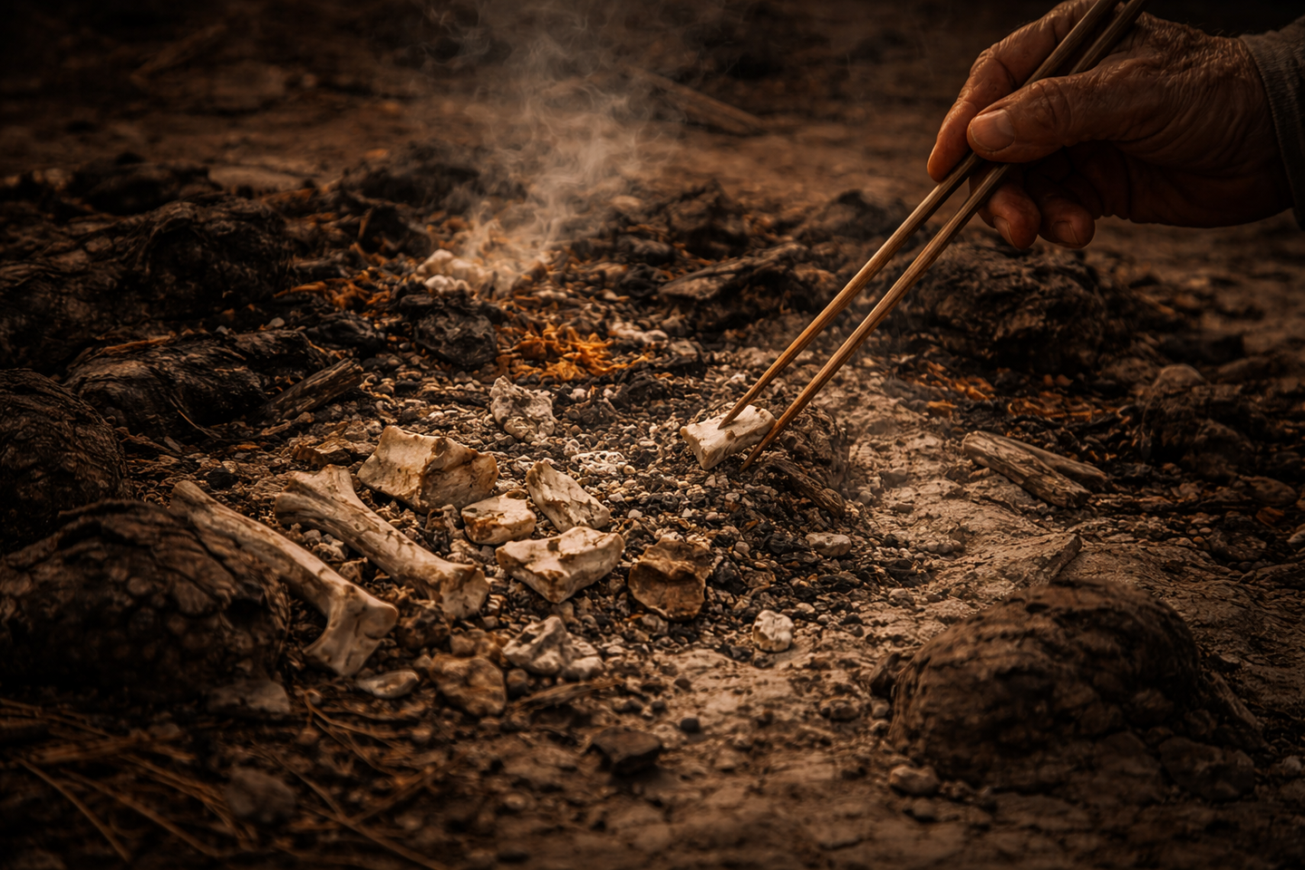 灰に覆われた地面の上で、竹の箸を使って白い骨の破片を拾い上げる手元。周囲には灰や炭化した木片が散らばっている。