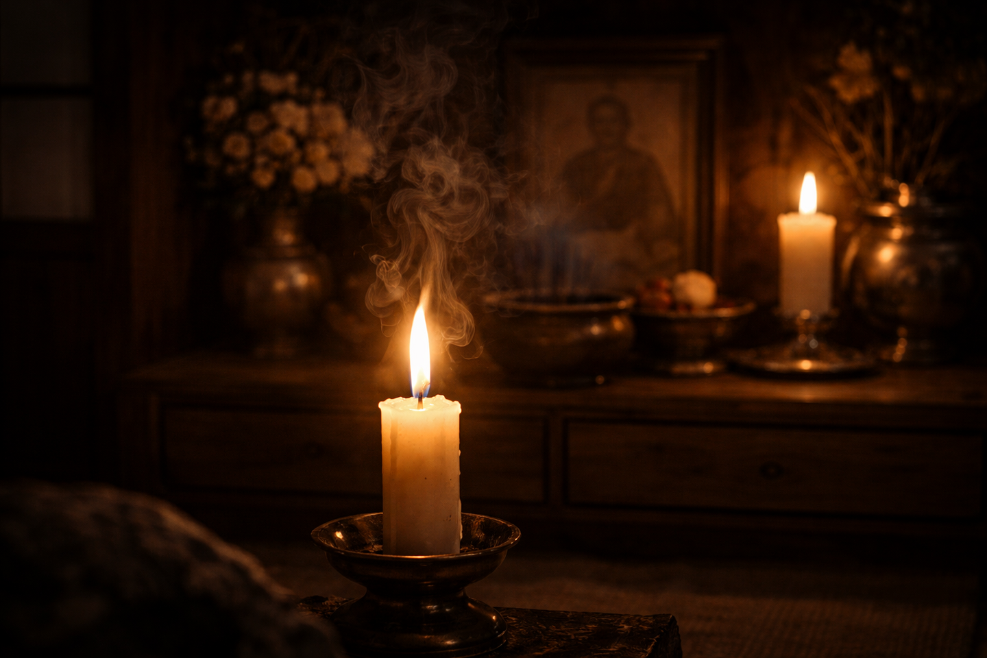 暗い室内の仏壇に置かれた蝋燭が一本灯り、炎の上に薄い煙が立ち上っている。背後には供え物や遺影がぼんやりと見える。
