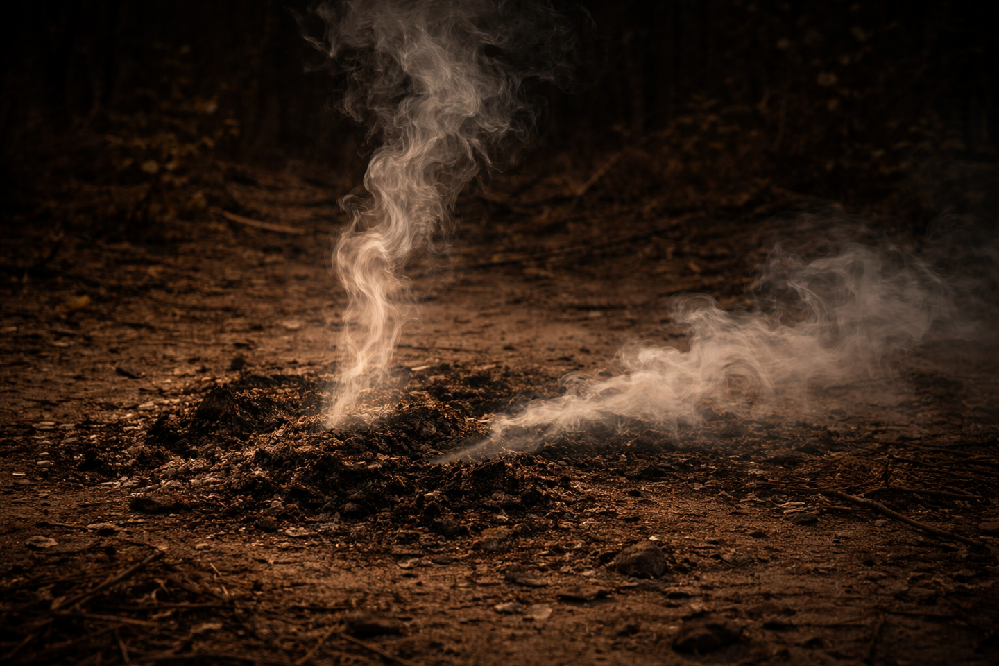 地面に残る焼け跡の中央から、二方向に立ち上る煙が描かれている。一方は上へ伸び、もう一方は低く広がり、周囲には灰が散らばっている。