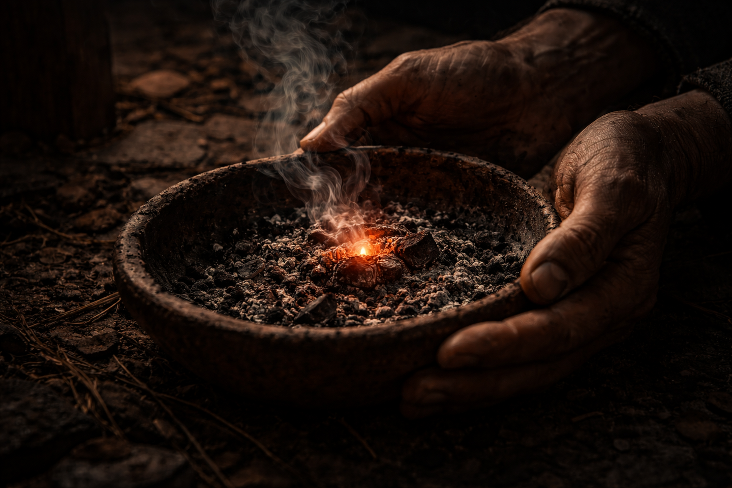 灰の入った土器の中に小さな赤い種火が残り、その周囲を年老いた手が包むように支えている。薄く煙が立ち上っている。