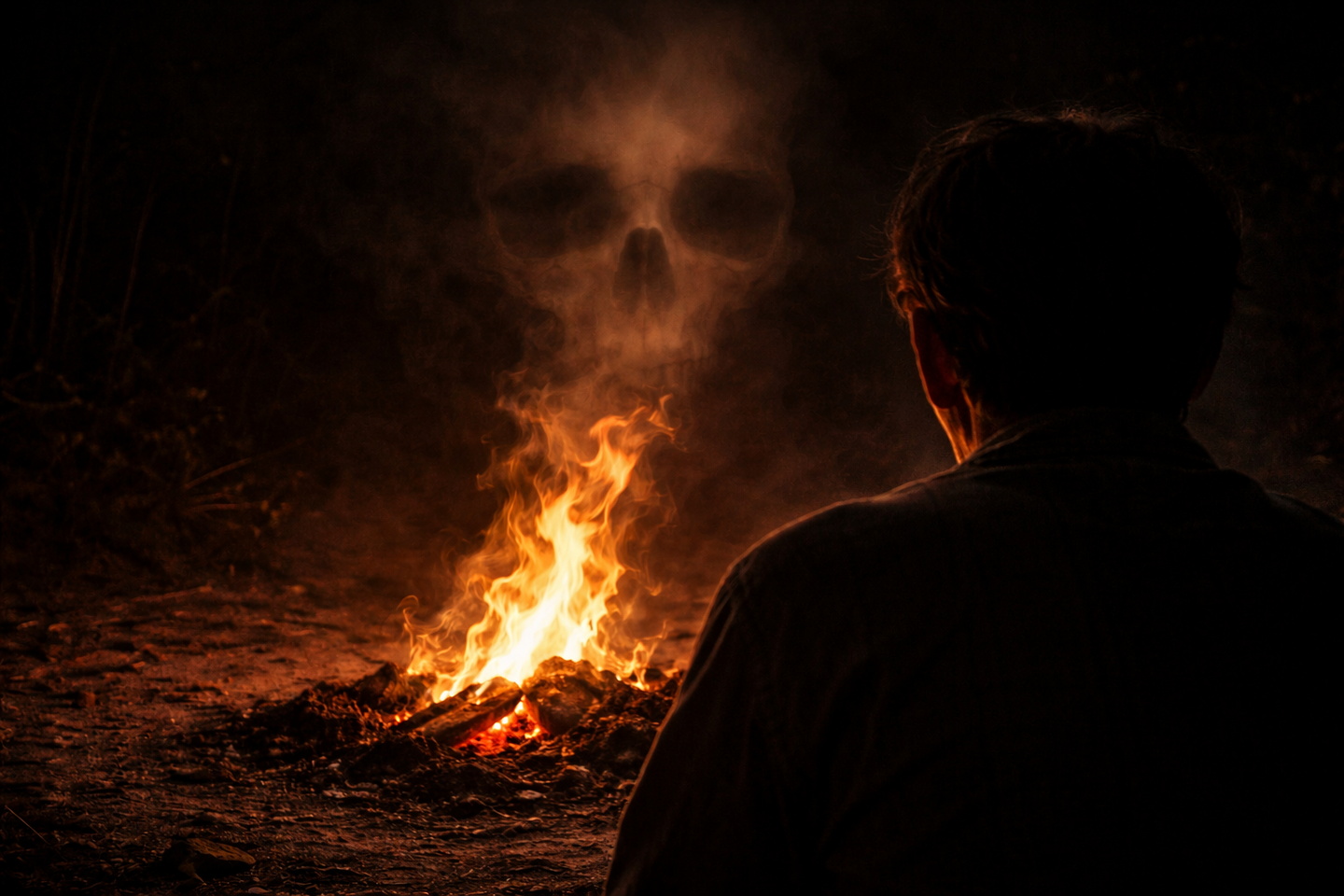 夜の地面に焚かれた小さな火を、背中を向けた人物が見つめている。炎の上方に、骸骨の形のように見える陰影が重なっている。