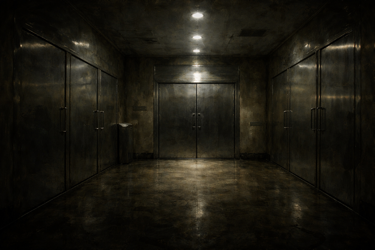 薄暗い室内に並ぶステンレス製の扉と反射する床、天井照明だけが照らす無人の火葬施設内部。