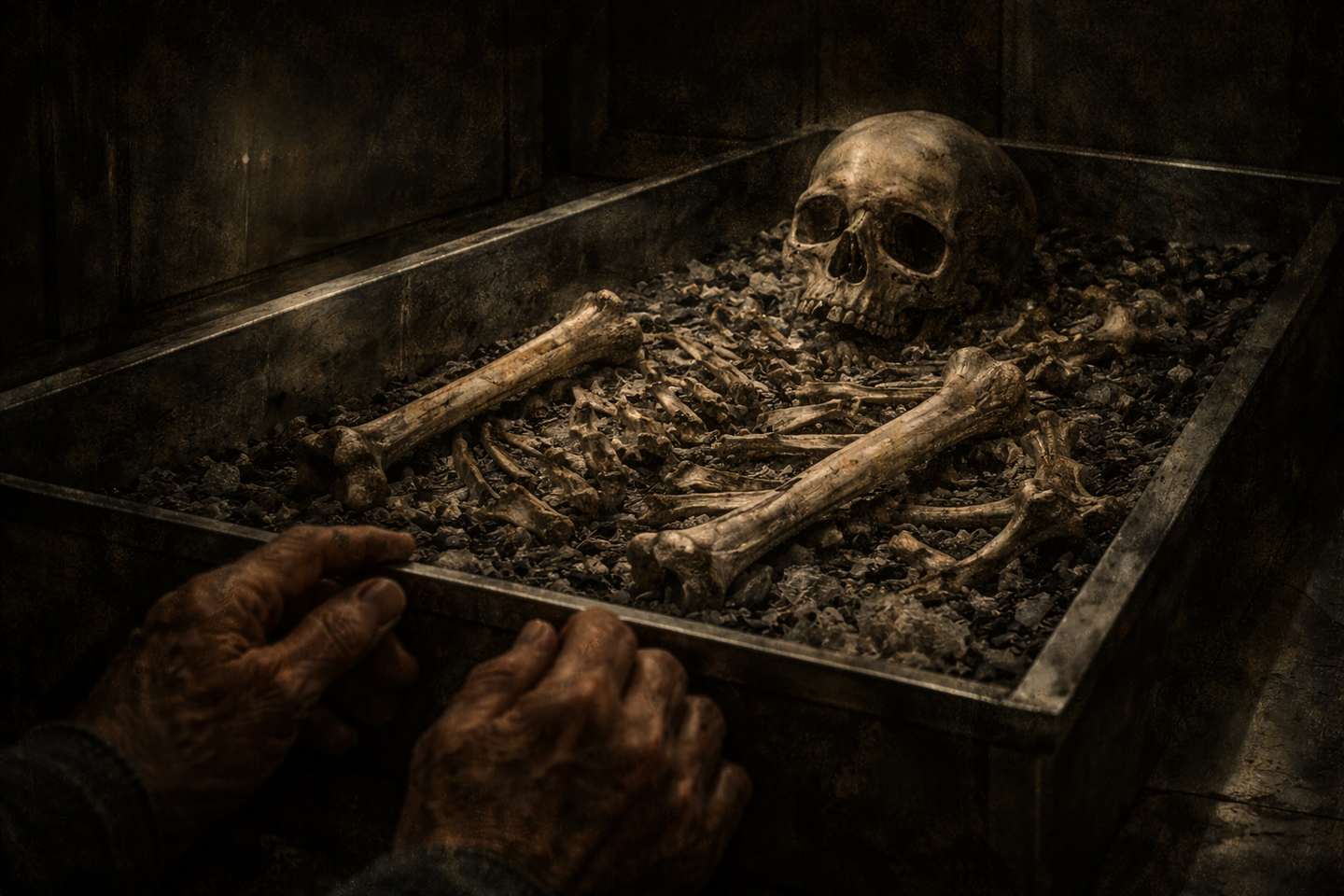 灰の中に残る白い人骨の欠片に、指先が触れそうで触れない状態の手が描かれている。背景は暗く、油彩調で表現されている。