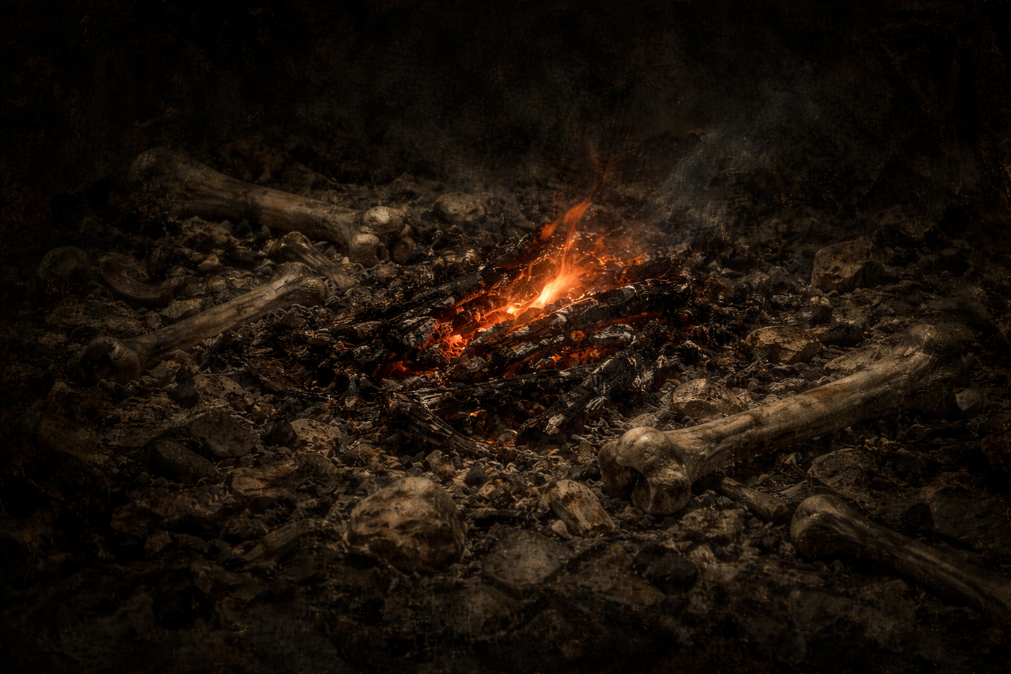 暗い地面に散らばる灰と骨の欠片の中央で、小さな赤い種火がくすぶっている。