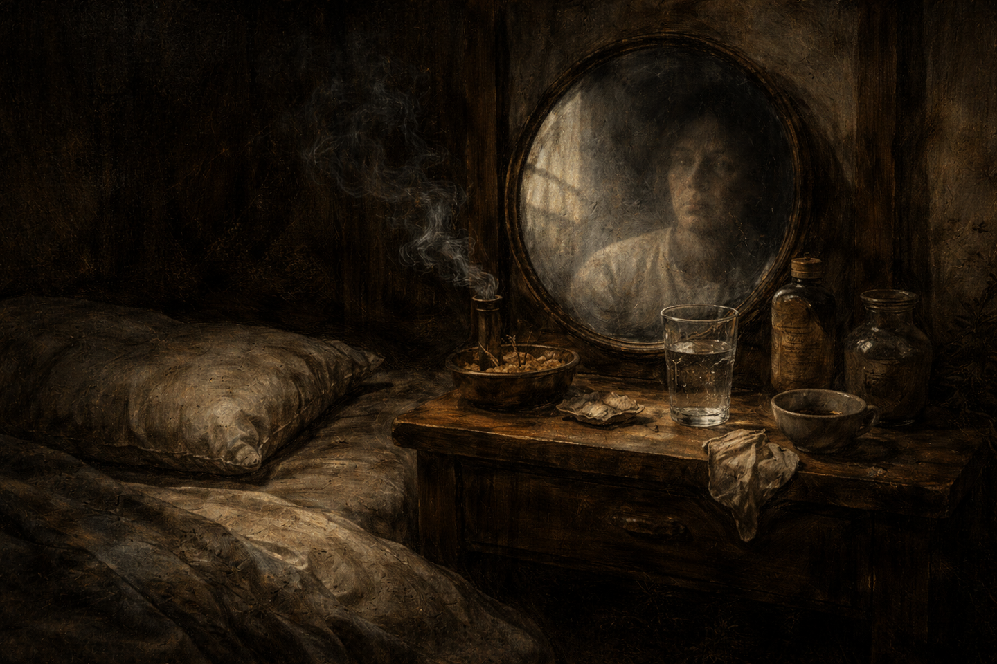 薄暗い和室の一角に置かれた鏡台と、使い終えた線香立て、コップの水。布団の横で煙がかすかに立ちのぼり、鏡にはぼんやりと人の姿が映り込んでいる油絵調の室内風景。