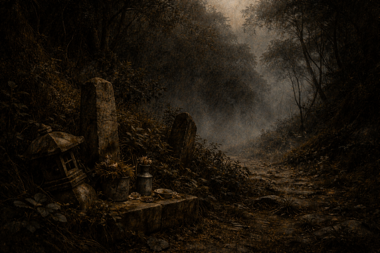 霧に包まれた山間の小道と、苔に覆われた石灯籠や古い神社の一部が見える。湿った空気の中、緑に染まった石と暗い林が広がる横長の風景。
