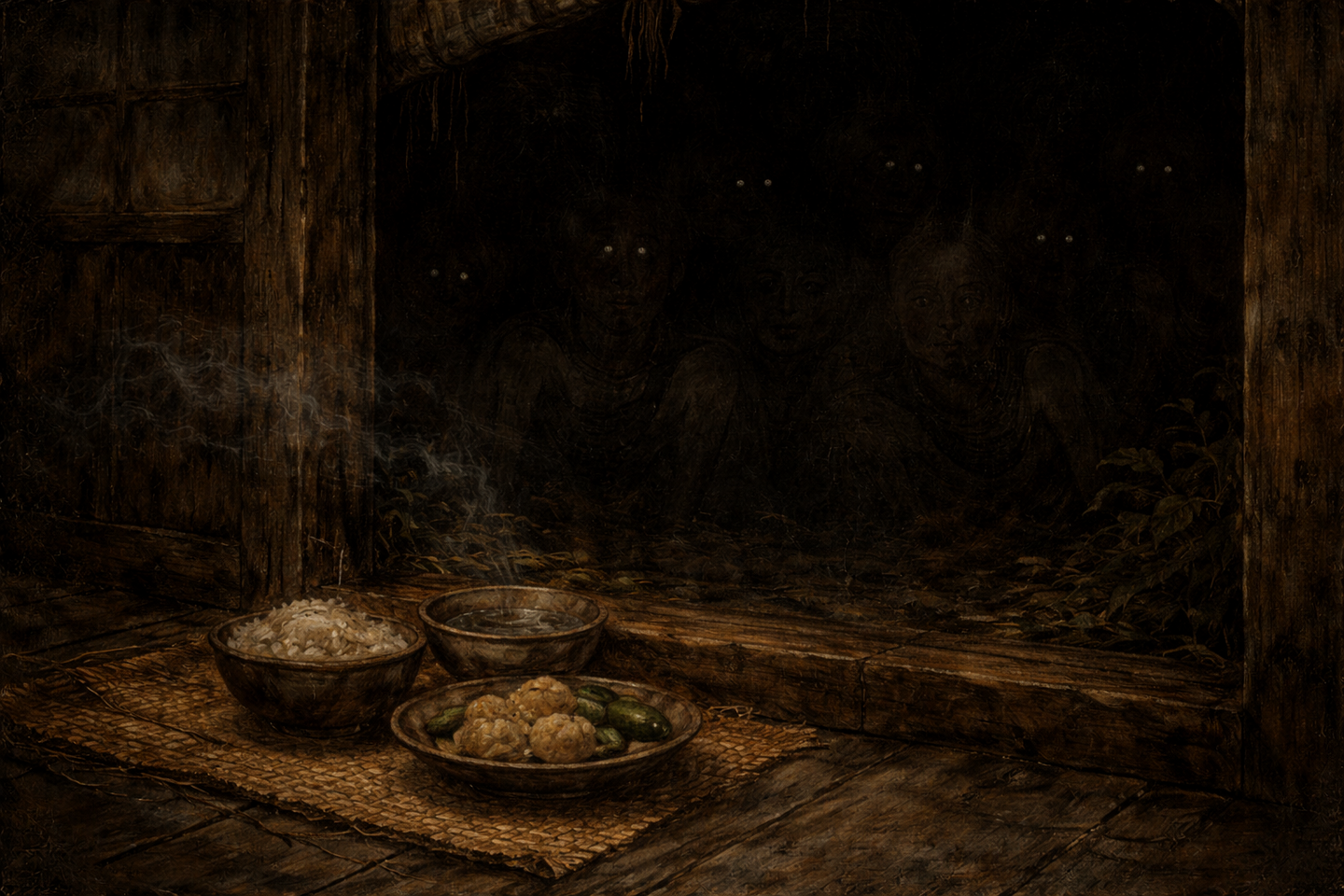 古い木造家屋の軒下に並べられた米と水、団子の入った器。背後の暗がりには、重なり合う人影のような形と点状の光が見え、床板と柱が夜の陰に沈んでいる横長の構図。