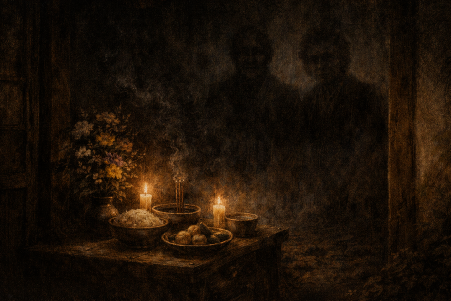 暗い和室の仏壇前に供えられた米や団子、花と線香、揺れる蝋燭の灯り。背後の薄暗い空間に、ぼんやりと人の形の影が重なって見える横長構図の油絵調の室内風景。
