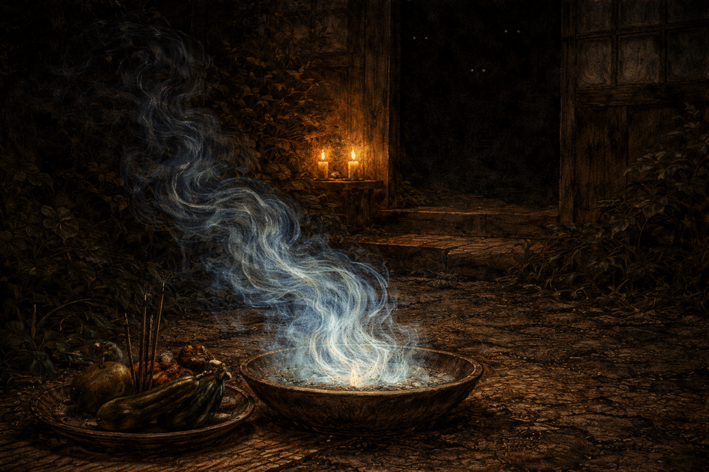 夜の屋外に置かれた焙烙の中で燃える迎え火と、青白く立ちのぼる煙。周囲には供物の器と線香があり、奥には暗い玄関と蝋燭の灯りが見える風景。