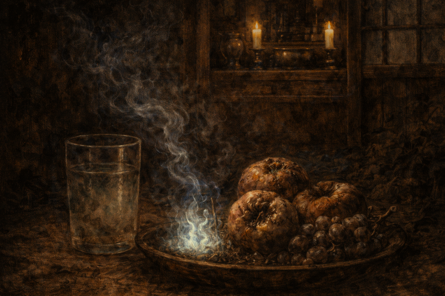 薄暗い和室の仏壇前に置かれた皿の上で傷んだ果物と葡萄、横に置かれた濁った水の入ったコップ。周囲には線香の煙と蝋燭の灯りがあり、木製の床と壁に囲まれている。