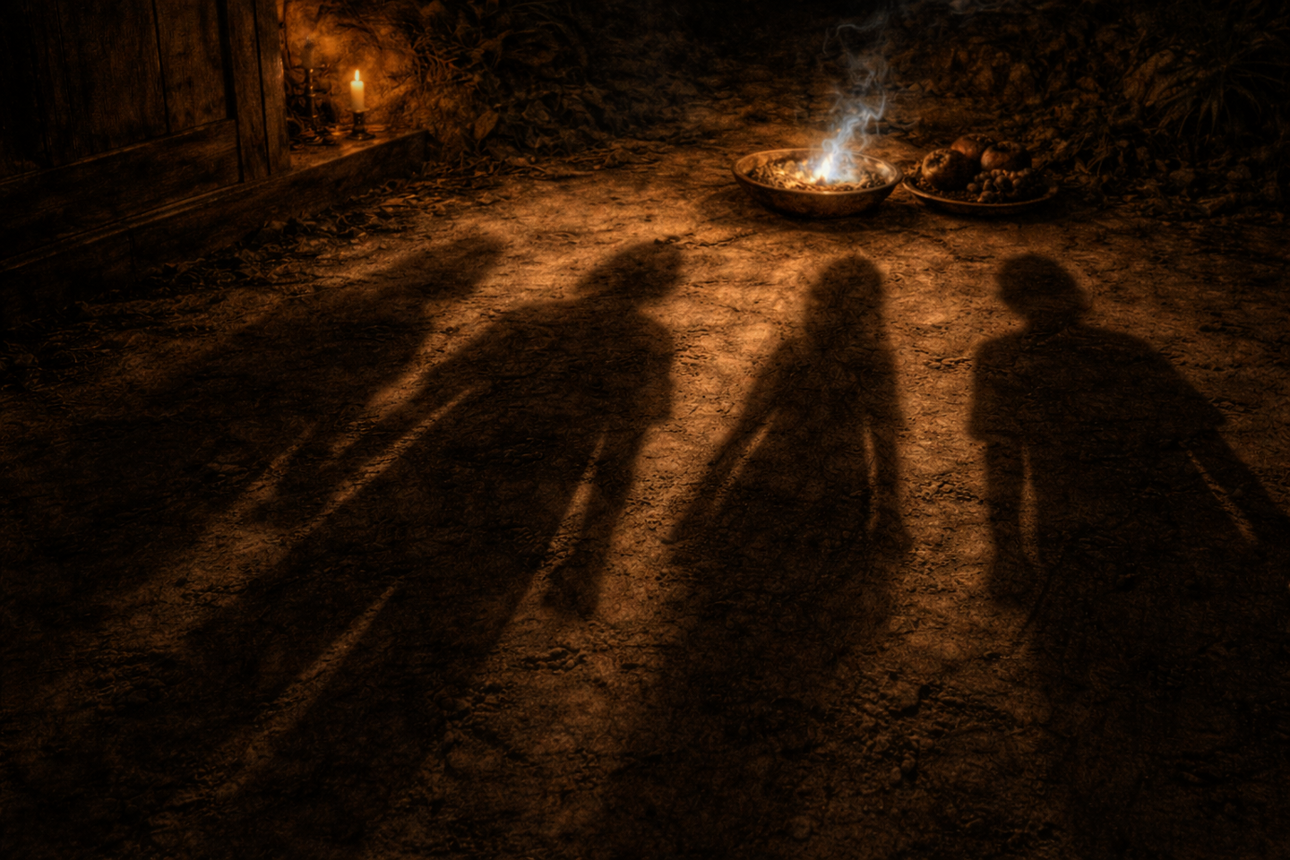 夜の屋外で迎え火の灯りに照らされた地面に、複数の人影が伸びている様子。炎の明かりの周囲に重なり合う影と、暗い背景が広がる風景。