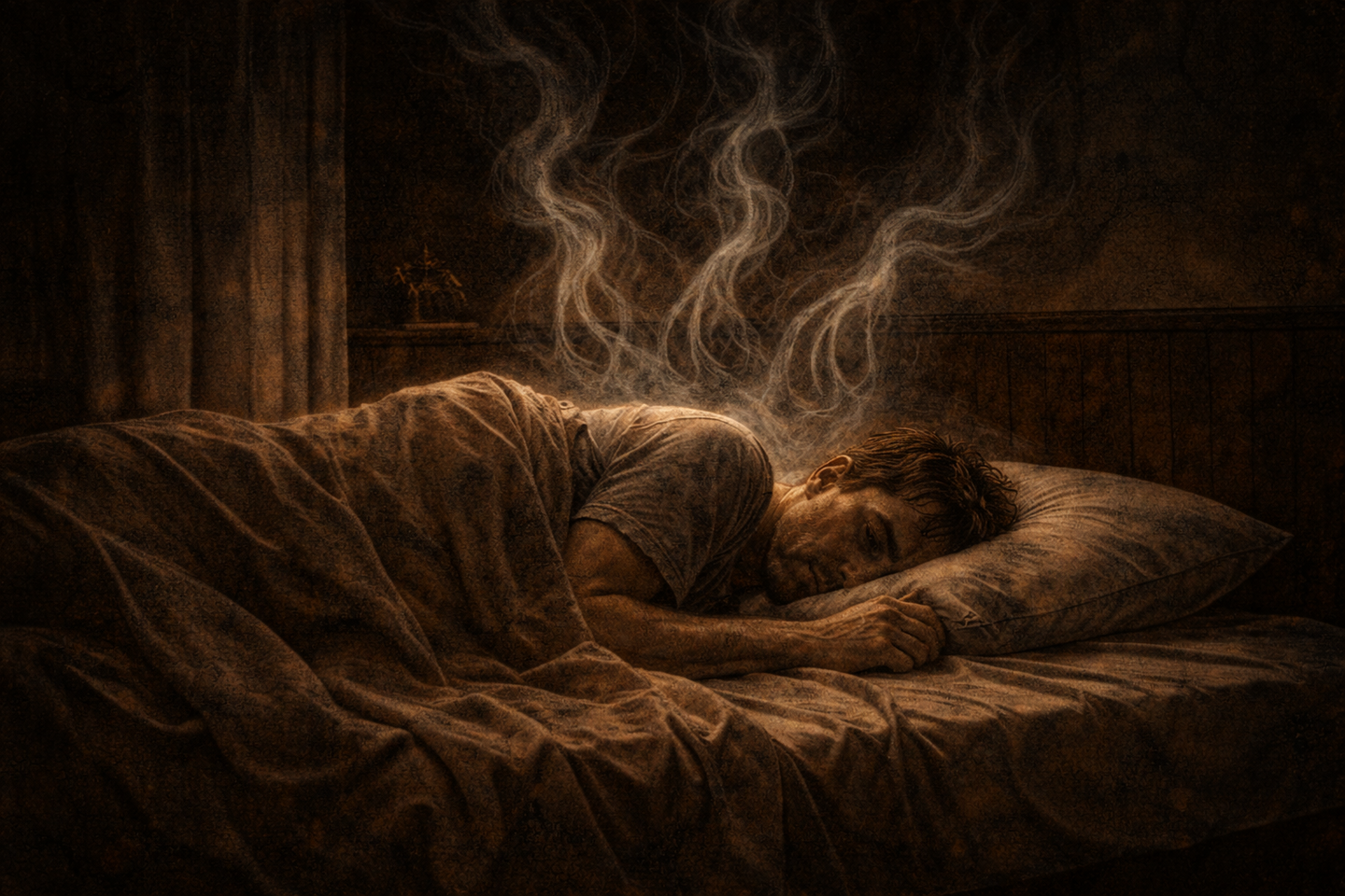 薄暗い室内で布団に横たわる人物の寝姿と、身体の上方に立ちのぼる淡い煙のような形。枕元には弱い灯りがあり、壁や寝具が影に包まれた寝室風景。