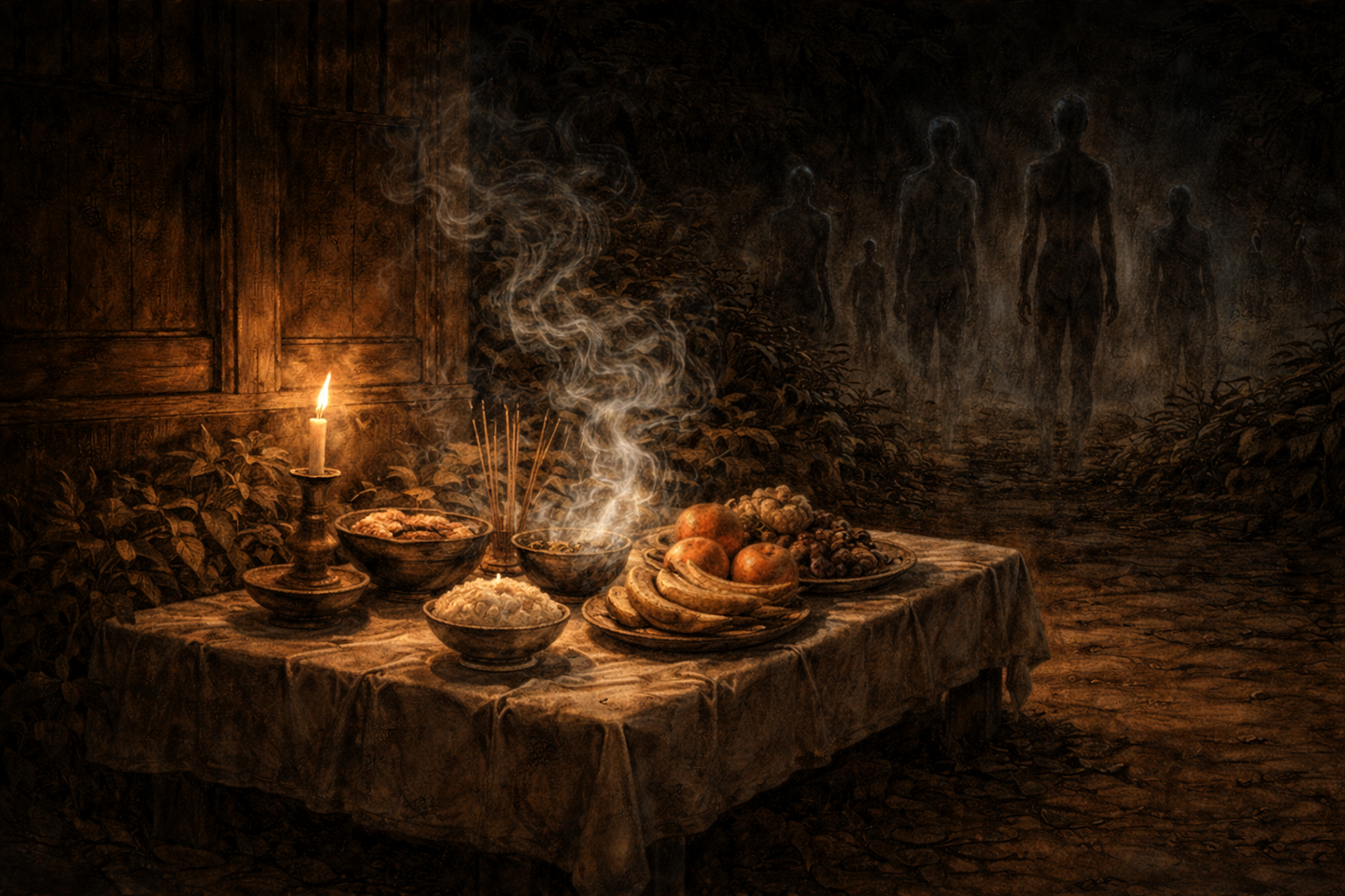 夜の屋外に置かれた供物台の上に、米や果物、菓子と線香、蝋燭が並べられている。背後には暗い境内と木立が広がり、遠くに人影のような形がぼんやりと立つ。