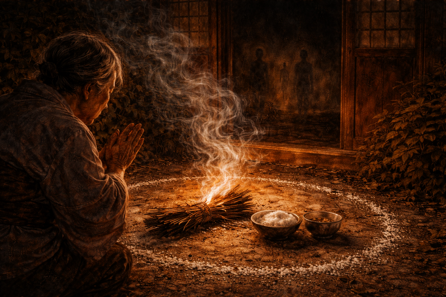 夕暮れの屋外で、藁束の迎え火から立ちのぼる煙が玄関方向へ流れている。地面には円状に撒かれた塩が見え、近くに米と水の入った器が置かれている。