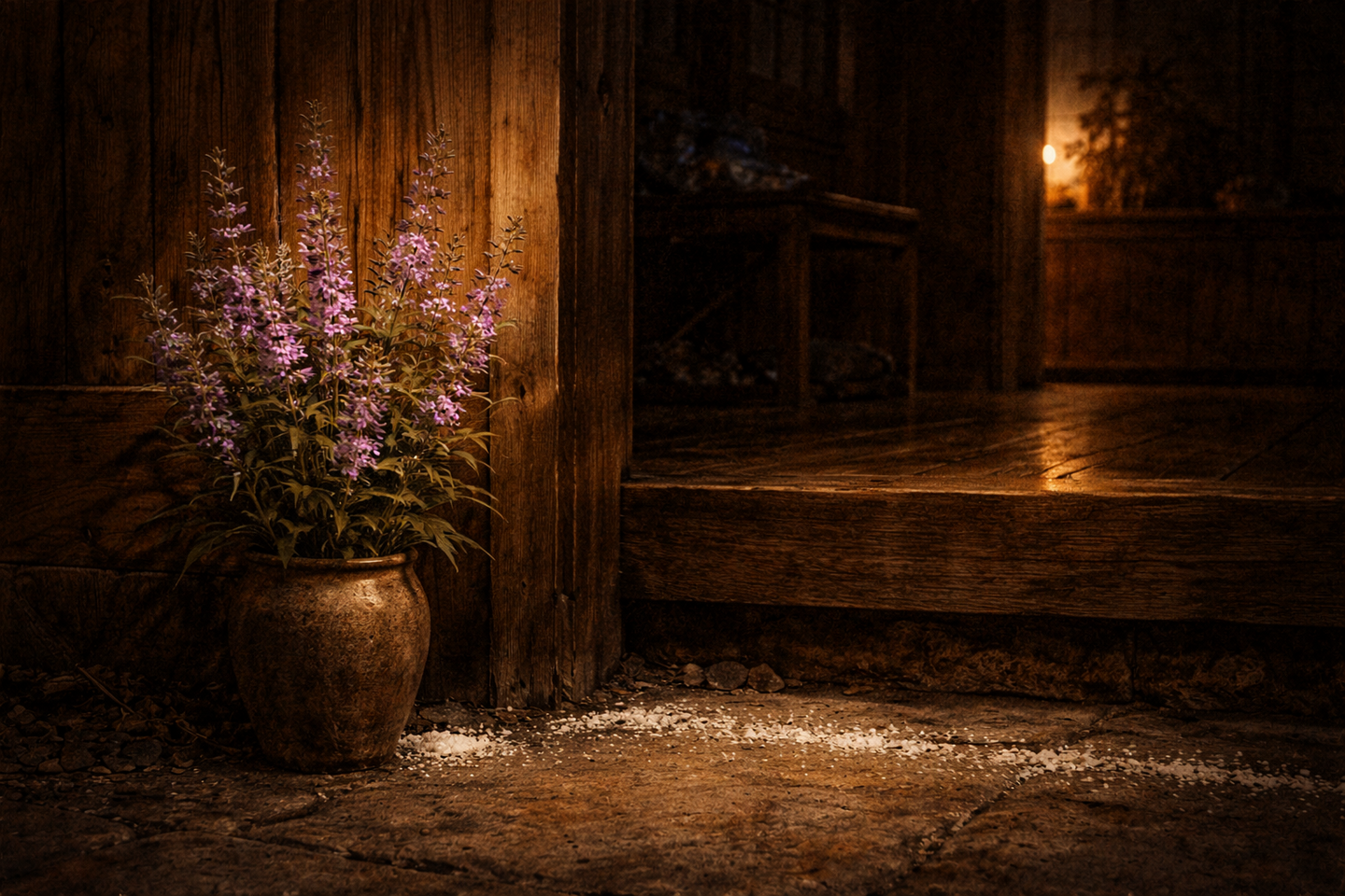 薄暗い玄関先に活けられた紫色のミソハギの花と、その足元に見える少量の塩。背後には木製の戸口と影の落ちた室内が広がる。