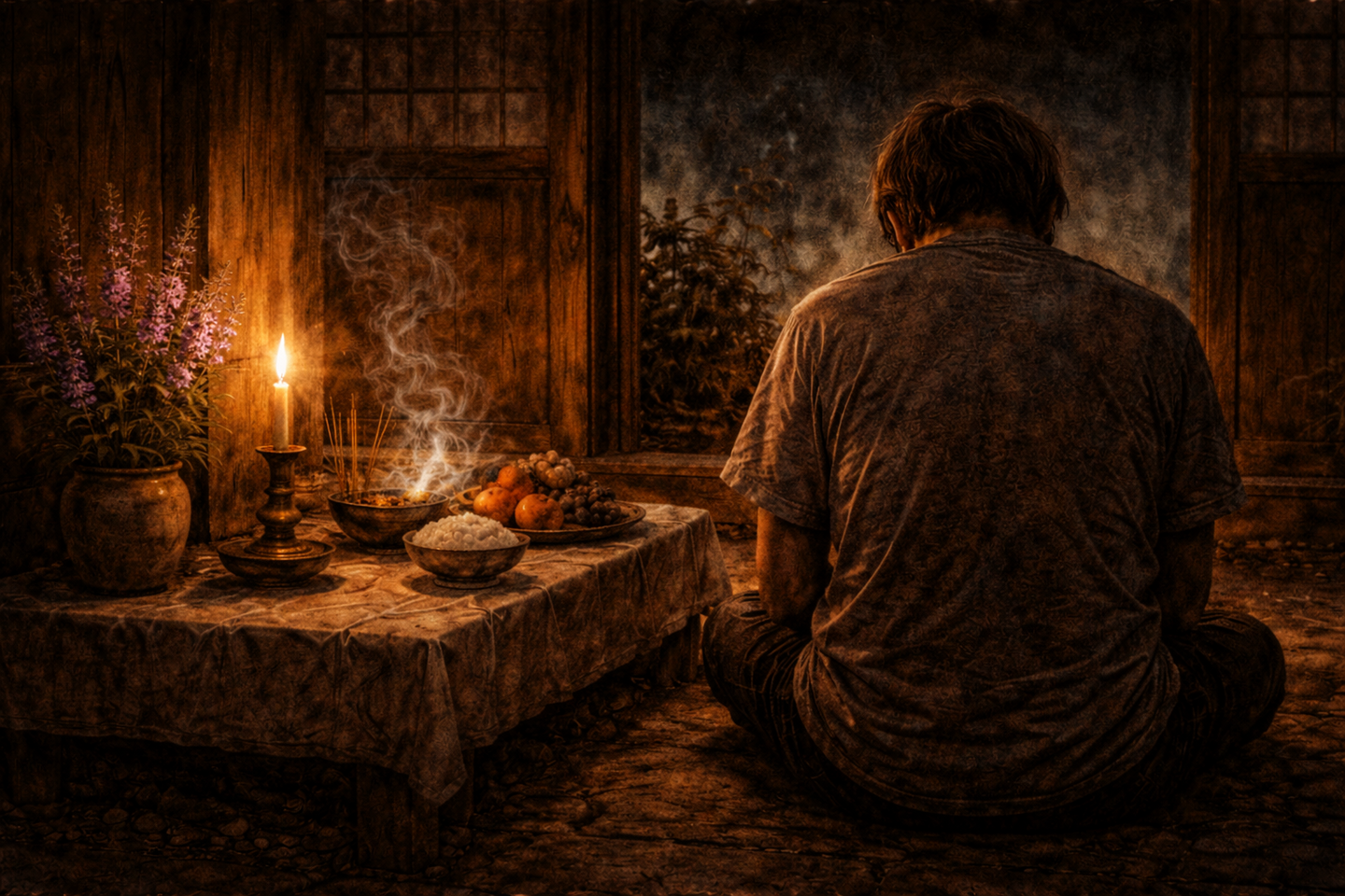 薄暗い和室で、仏壇前に座り込む人物の後ろ姿と、供えられた果物、線香、蝋燭、紫の花。夕暮れの光と煙が室内に漂う。