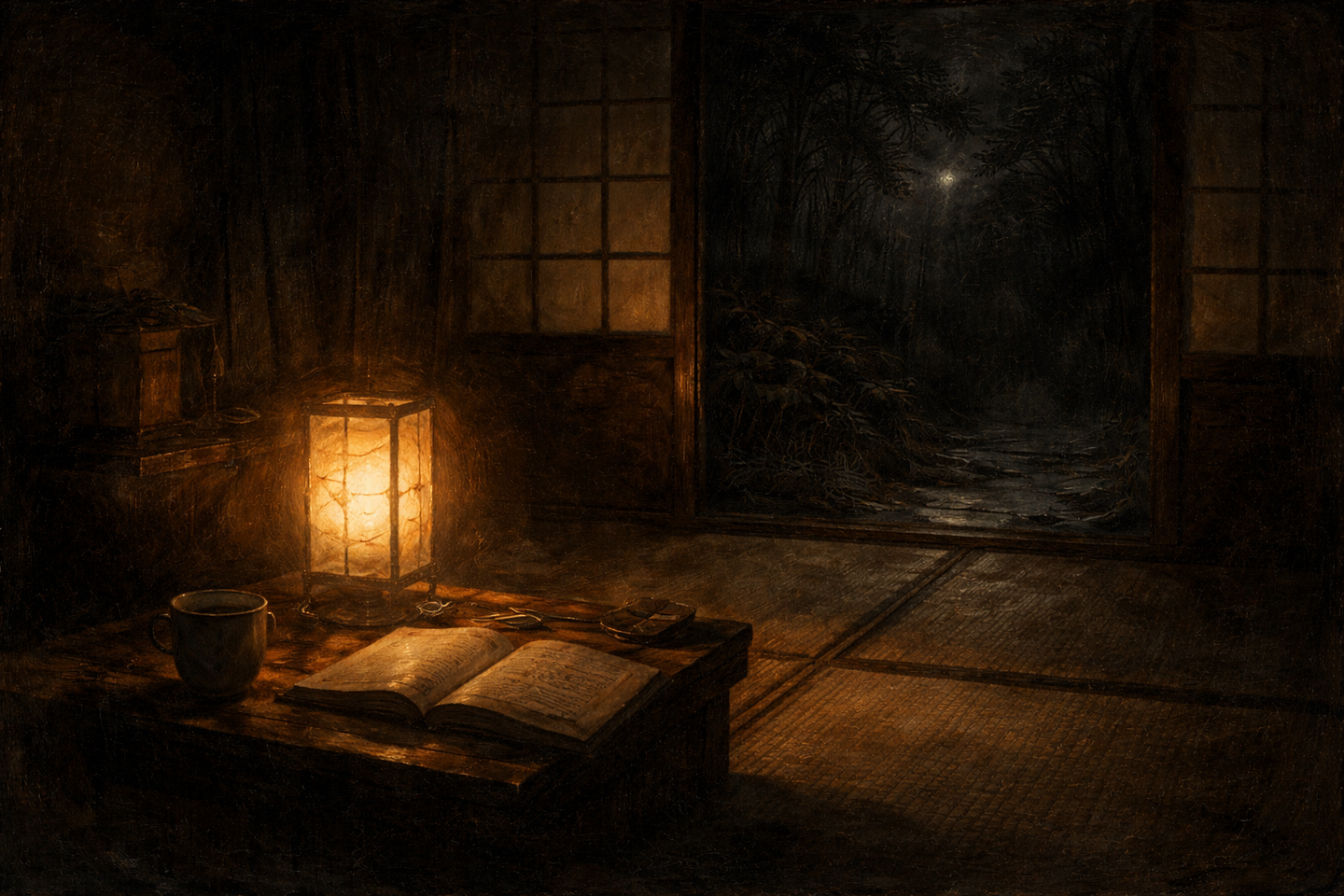 畳敷きの和室に置かれた低い机と、灯りの入った行灯。机の上には開かれた本と湯のみがあり、奥には少し開いた障子の向こうに暗い庭が見えている。