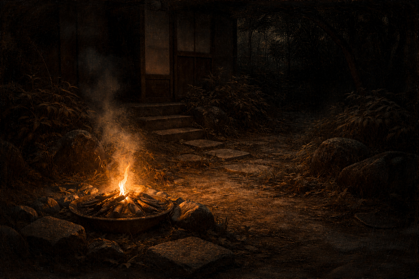 夕暮れの日本庭園に置かれた小さな迎え火。苧殻が燃え、周囲の庭石や地面を橙色の光が照らしている。奥には植え込みと建物の玄関が暗がりの中に見えている。